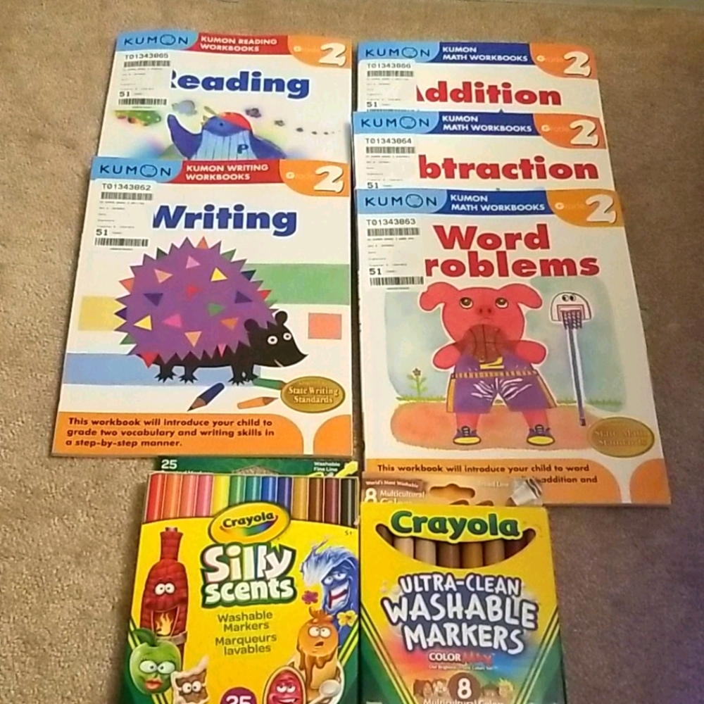 Kumon Grade 2 workbooks + crayola markers